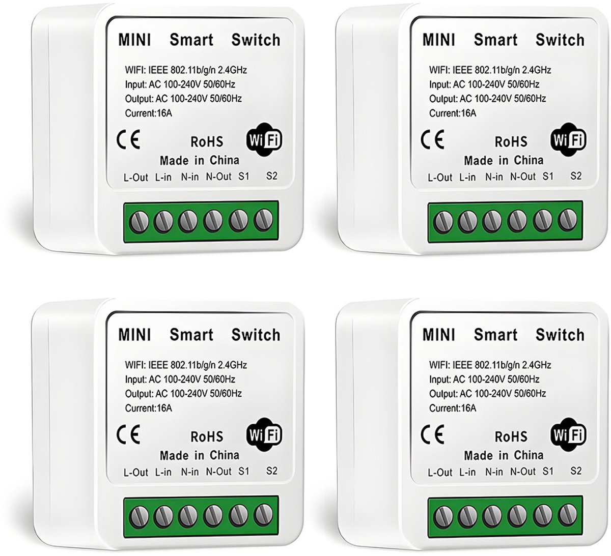 Mini slimme schakelaar - 4-pack - Tuya Smart App - Wi-Fi-schakelaar - Inbouw - Smart home - Schakelaar met afstandsbediening - Timer-app-bediening