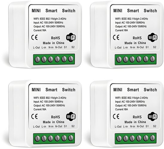 Vier witte MINI smart schakelaars met groene schroefklemmen en label met CE, RoHS, Wi-Fi logo.