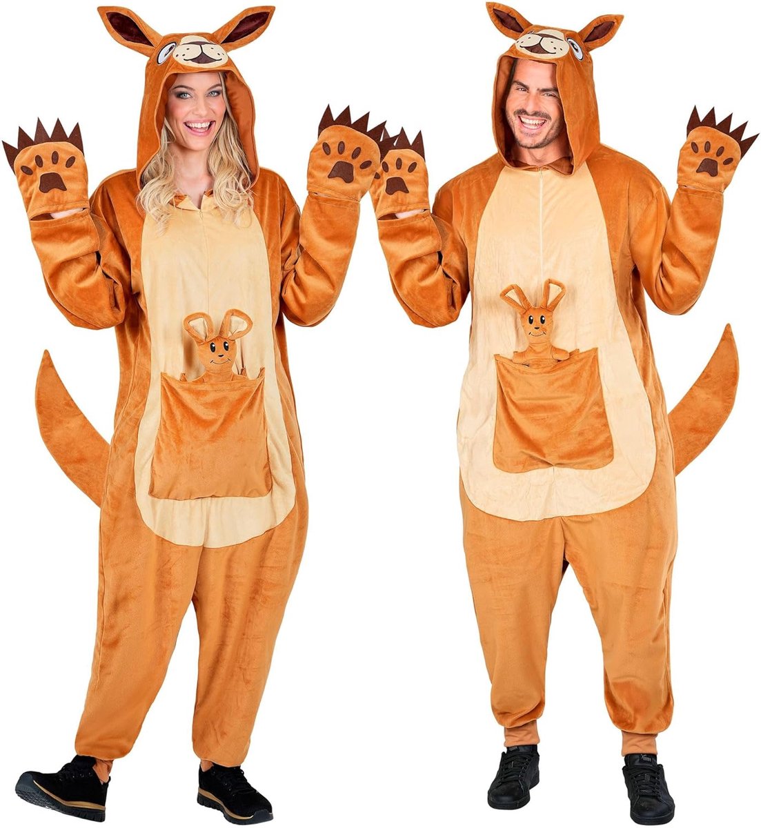 SnelShoppen - Bruine Kangoeroe Jumpsuit Volwassenen - Pluche Overall met Capuchon - Dierenkostuum voor Carnaval, Themafeesten en Thuis - Uniseks S/M