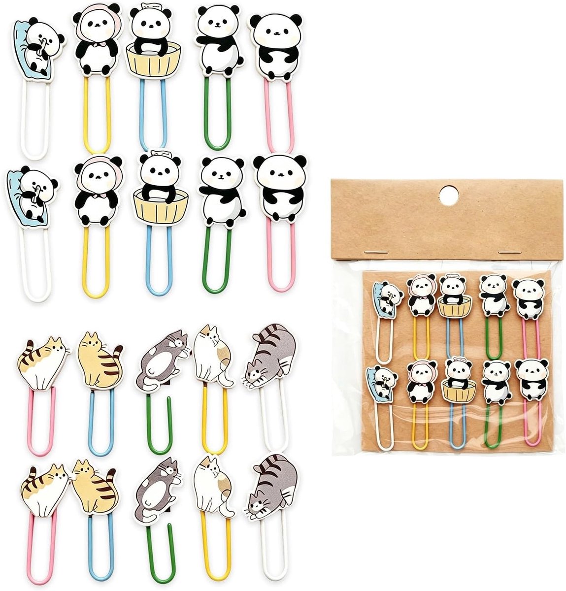 SnelShoppen - Set van 2 Dieren Paperclips (Panda, Kat) - Decoratieve Klemmen van Hout en Kunststof - Grappige Bladwijzers voor Kantoor en School - 4,2