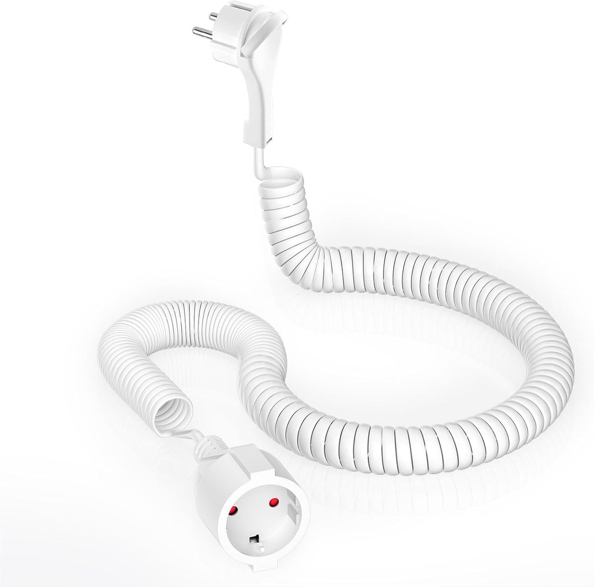 SnelShoppen - Grounded Spiral Extension 0.8m-5m, Stretchable 230V/16A PVC Verlengsnoer met Platte Stekker en Geaarde Aansluiting, Wit, Ideaal voor Thu