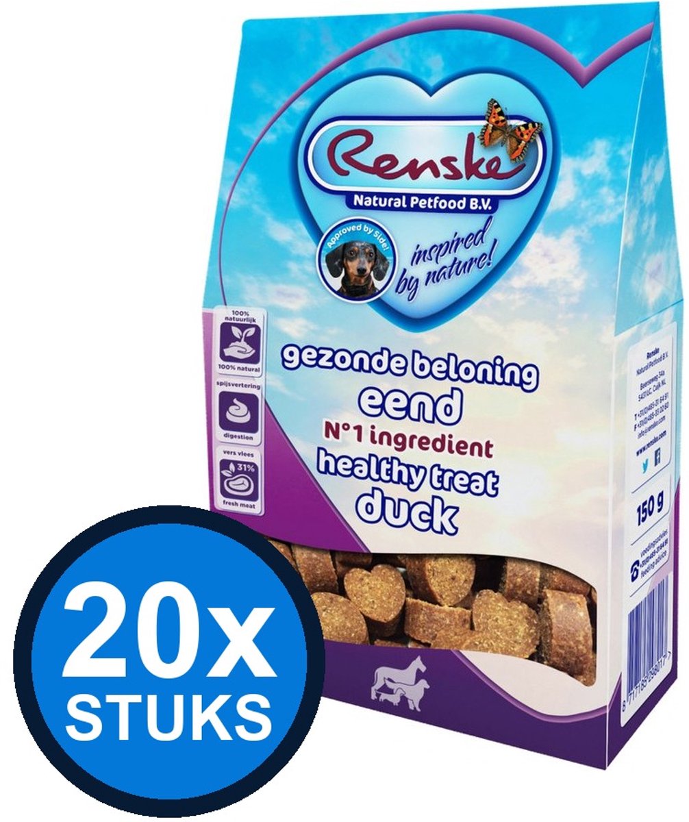 20x Renske - Gezonde beloning hartjes hond eend 150gr - Hondenvoer Snacks - 150 g