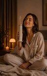 Vrouw met beige pyjama die beige diffuser vasthoudt, met mist, op een bed.