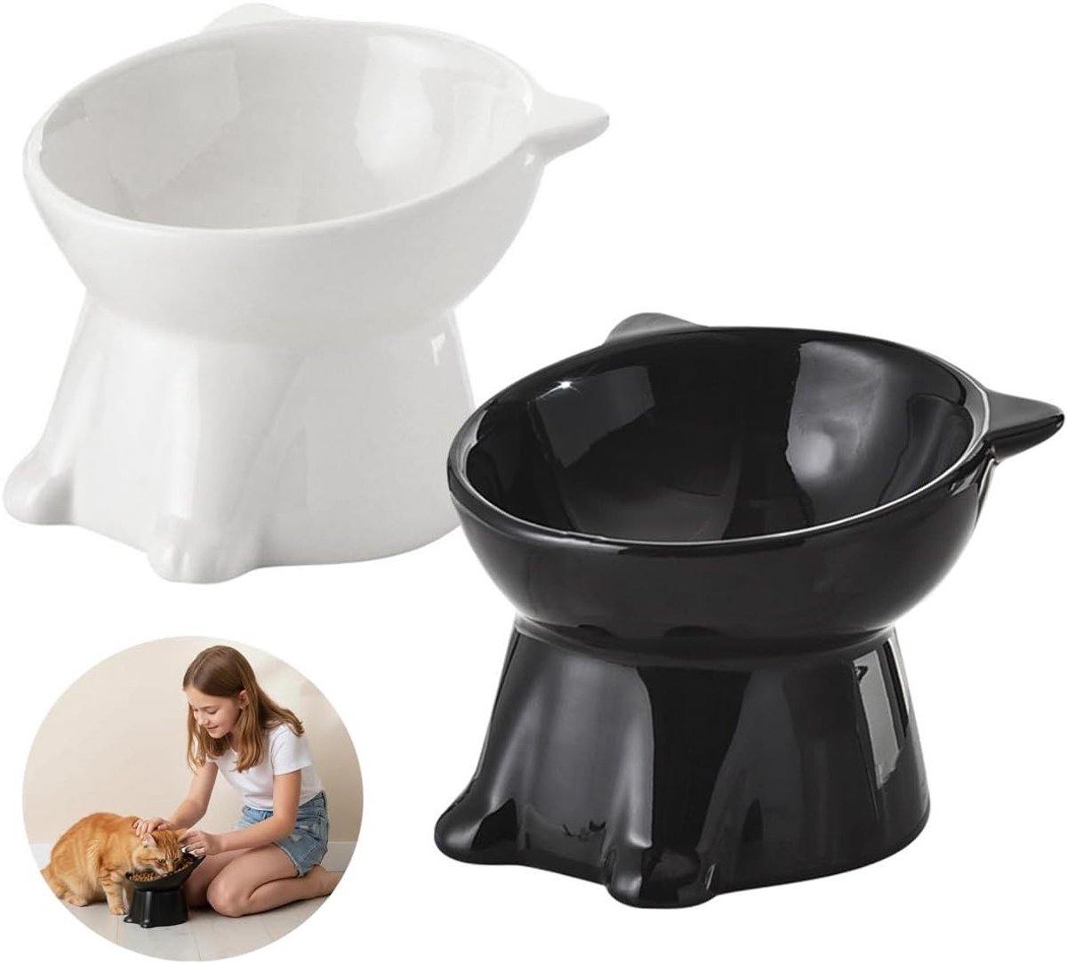 Set van 2 Kattenvoeders met Verhoogde Litterbak, Schuin Ontwerp voor Eten en Water, Ideaal voor Huisdieren