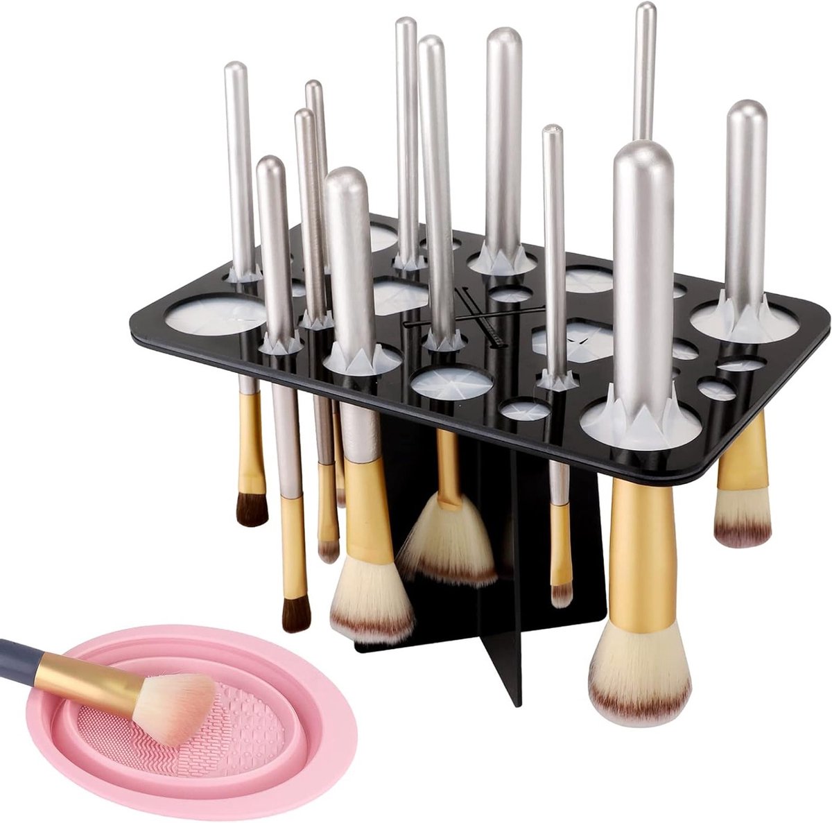 SnelShoppen - 28 Gaten Make-up Borstelhouder, Droogrek & Reinigingsmat, Vouwbaar, Acryl, Borstelhouder, Zwart & Roze