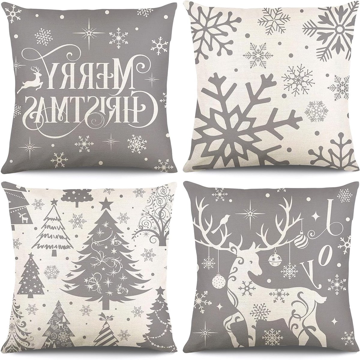 Kerst Kussenhoezen 45x45 cm, 4 Stuks met Kerstboom, Sneeuwvlokken en Rendier Motief voor Woondecoratie, Slaapkamer en Bank Versiering