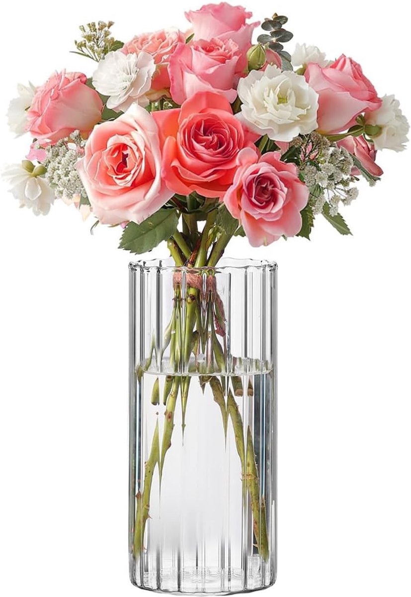 SnelShoppen - Glas Ribbel Vaas voor Tafel Decoratie, Moderne Bloemenvaas voor Tulpen, Orchideeën en Pampasgras, Transparant en Stevig, Ideaal voor Fee