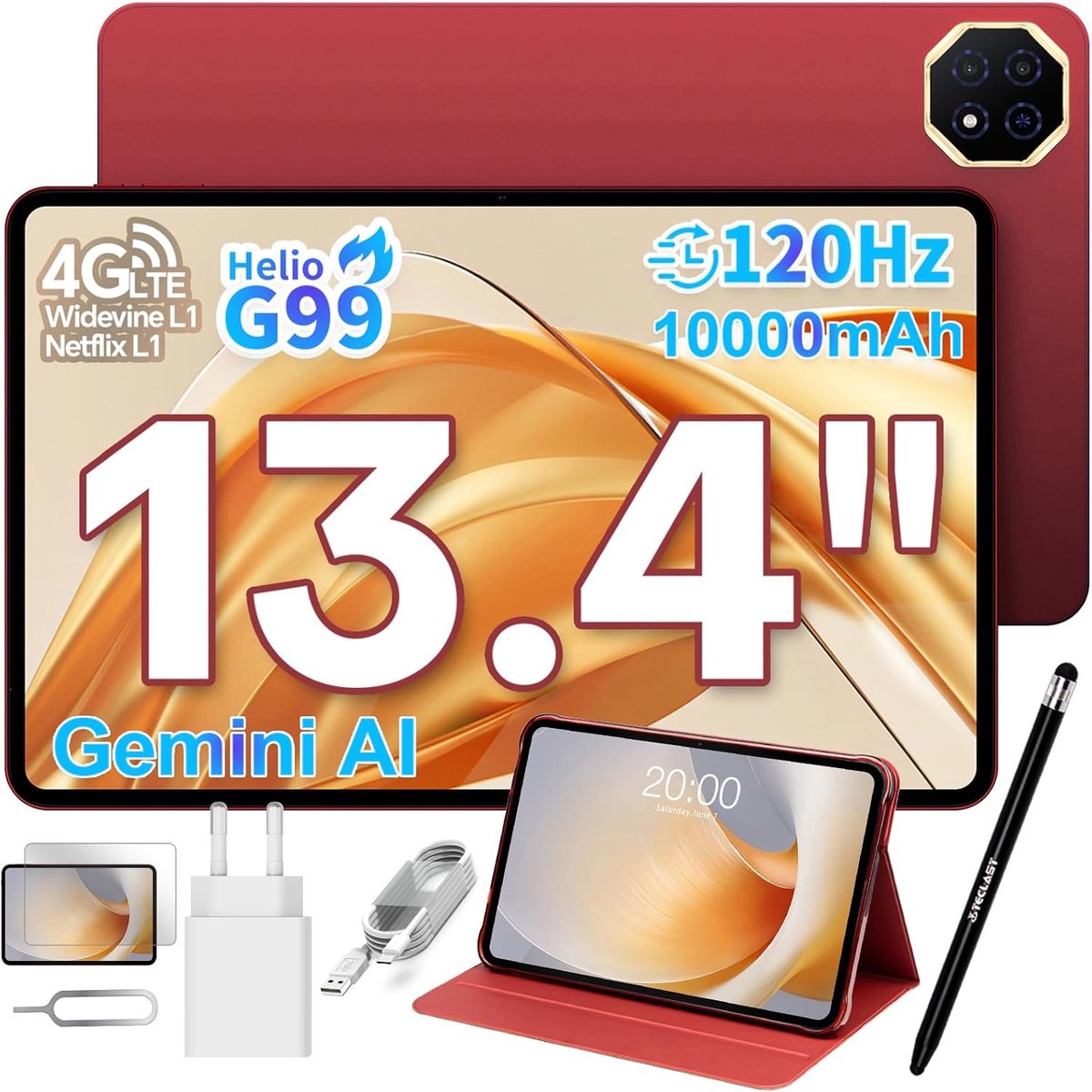 SnelShoppen - 13.4 Inch Gaming Tablet met 120Hz Display, 20GB RAM, 128GB ROM (8TB TF), Helio G99, 4G LTE Dual SIM, 10000mAh Batterij, GPS, Widevine L1