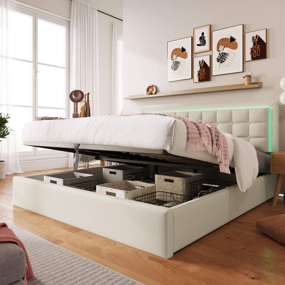 Gestoffeerd Bed 160x200cm - Dubbel Bed Met Ledverlichting En Lattenbodem - Met Opbergruimte - Kunstleer - Wit - Zonder Matras