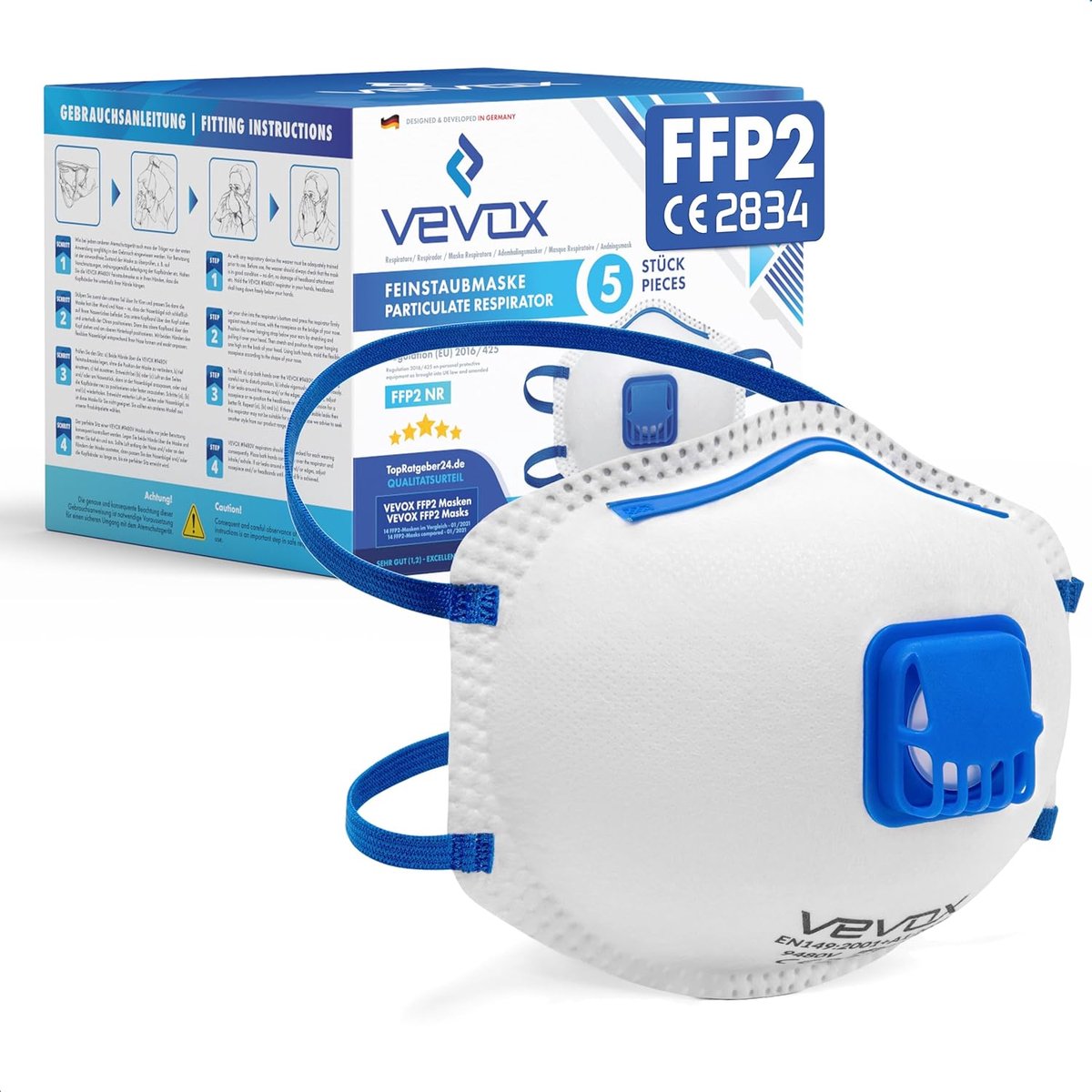 Thijox - VEVOX® FFP2 Stofmasker Set van 5 - Comfort Light Afdichting - FFP2 Mondkapje met Ventiel en Filter voor Optimale Bescherming - Perfect voor W