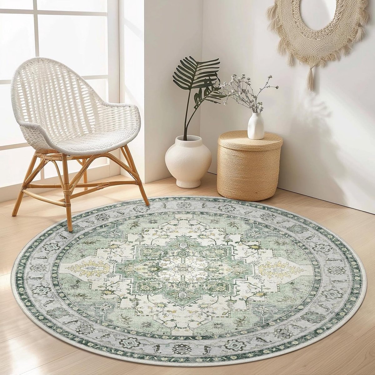 SnelShoppen - Vintage Machine Washable Carpet 120 cm - Groen - Boho Style - Korte Pluizige Vloerkleed voor Woonkamer, Keuken, Eetkamer