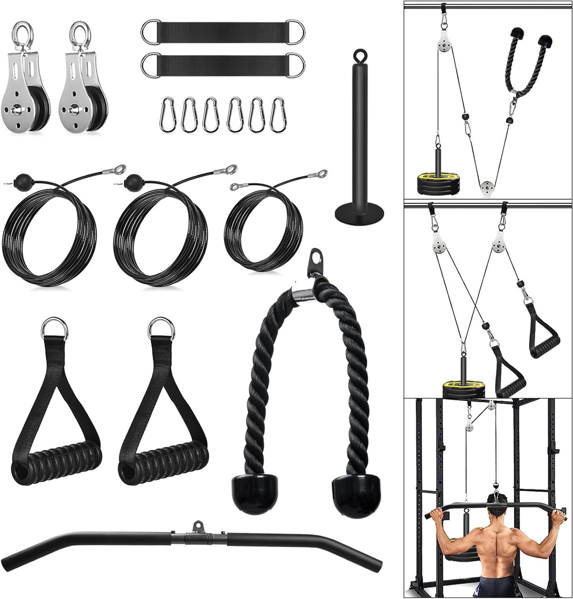 SnelShoppen - Fitness Cable Lat Pulley System - DIY Home Gym Machine Pulley voor LAT Pulldowns, Biceps Curl, Triceps Extensions, 2x Pulley, 3x Stalen