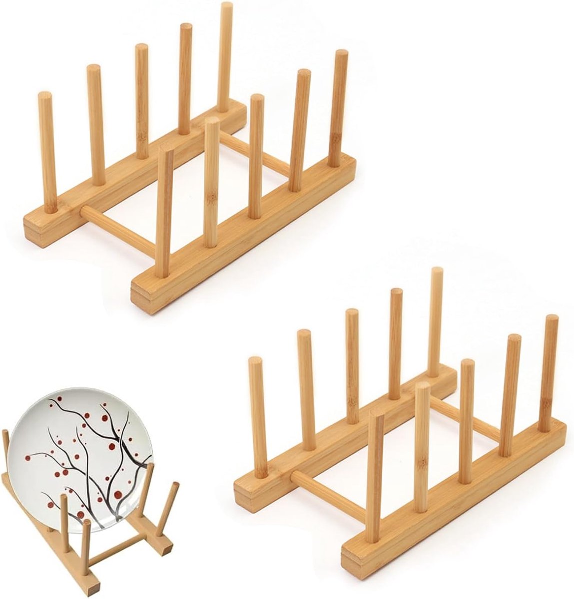 SnelShoppen - 2 Stuks Bamboe Afwasrek - Duurzaam Bamboe Tafelgerei Houders 20x12x9 cm - Ideaal voor Borden, Potdeksels, Bekers, Keuken en Tuin