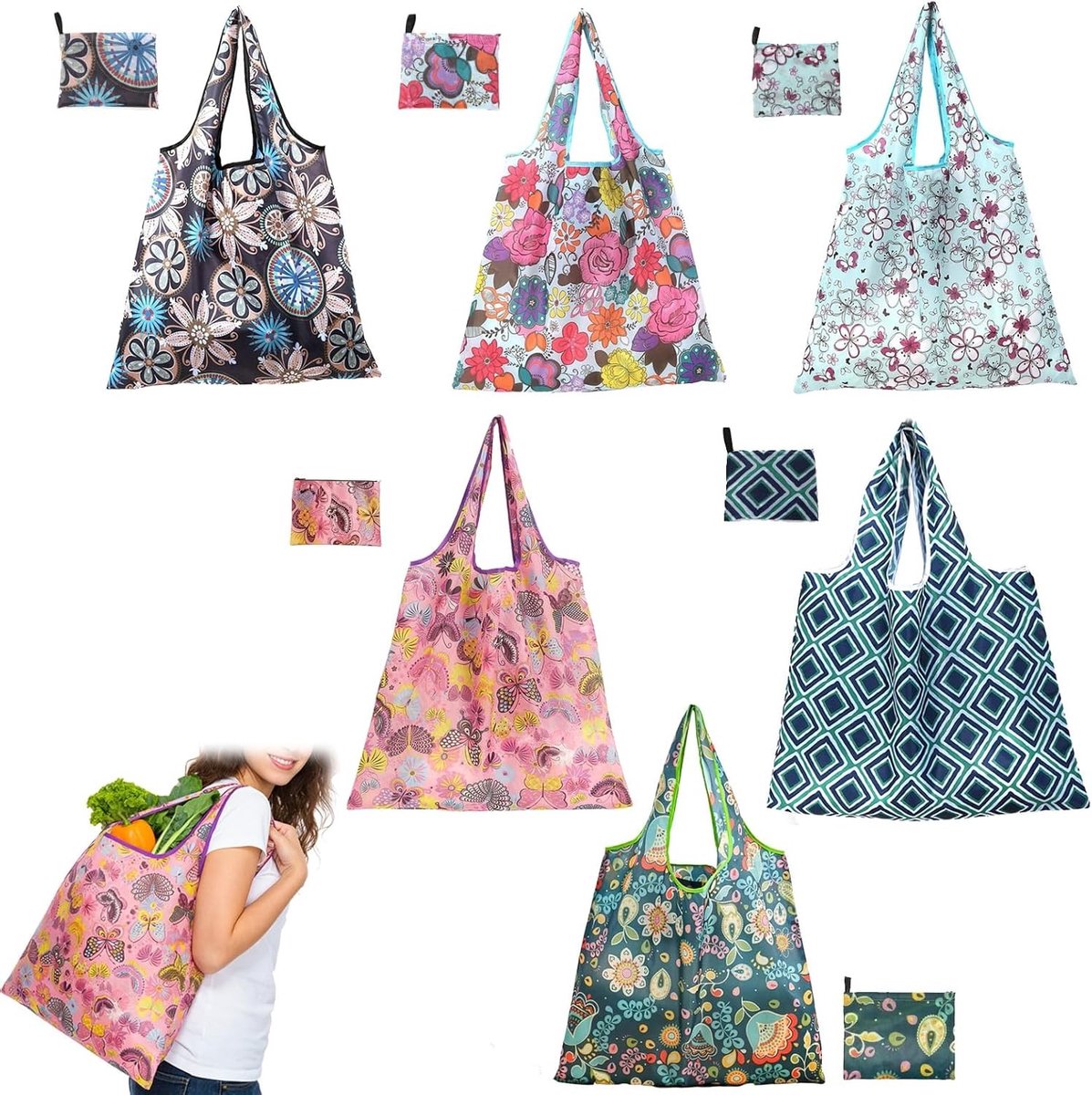 Vouwbare boodschappentas 46x66 cm – Herbruikbare tas van 190T polyester, lichtgewicht en sterk tot 15 kg, perfect voor winkelen, reizen en dagelijks gebruik met trendy ontwerpen