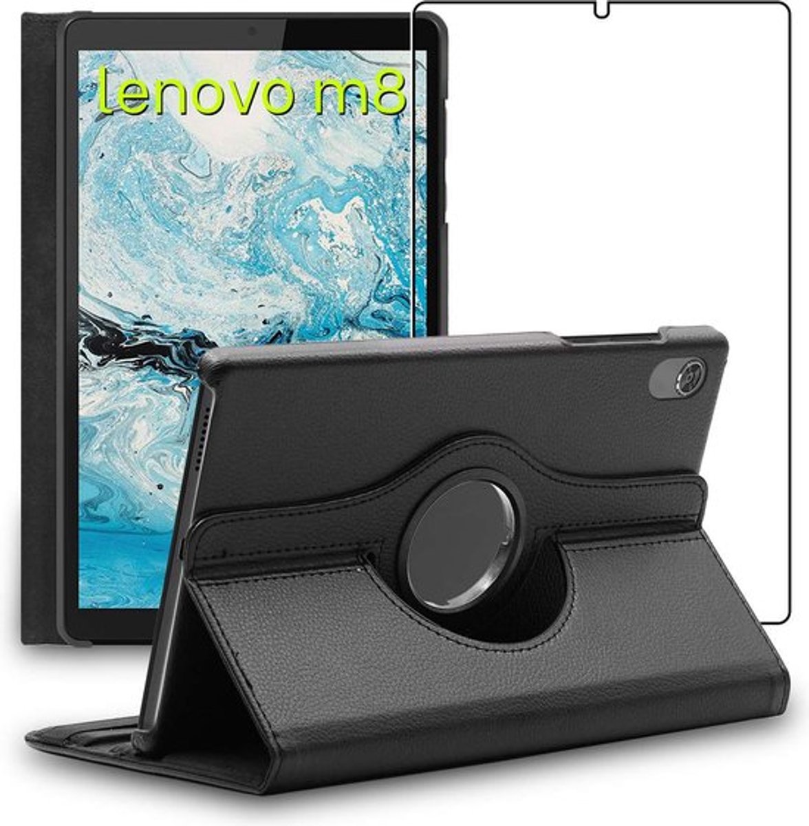 ebestStar - Hoes geschikt voor Lenovo Tab M8 2021 (3rd gen), M8 HD 2019, Roterende Etui, Case, 360° Draaibaar hoesje, Zwart + Gehard Glas
