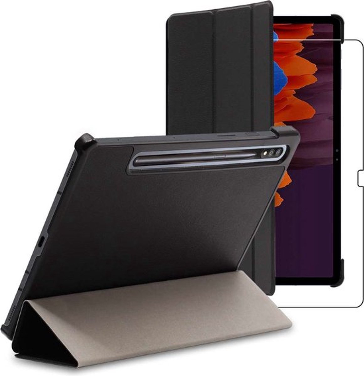 ebestStar - Hoes geschikt voor Samsung Galaxy Tab S7+ SM-T970, Slanke Design PU Lederen Etui, Automatische Slaap/Wake, SmartCase hoesje, Zwart + Gehard Glas