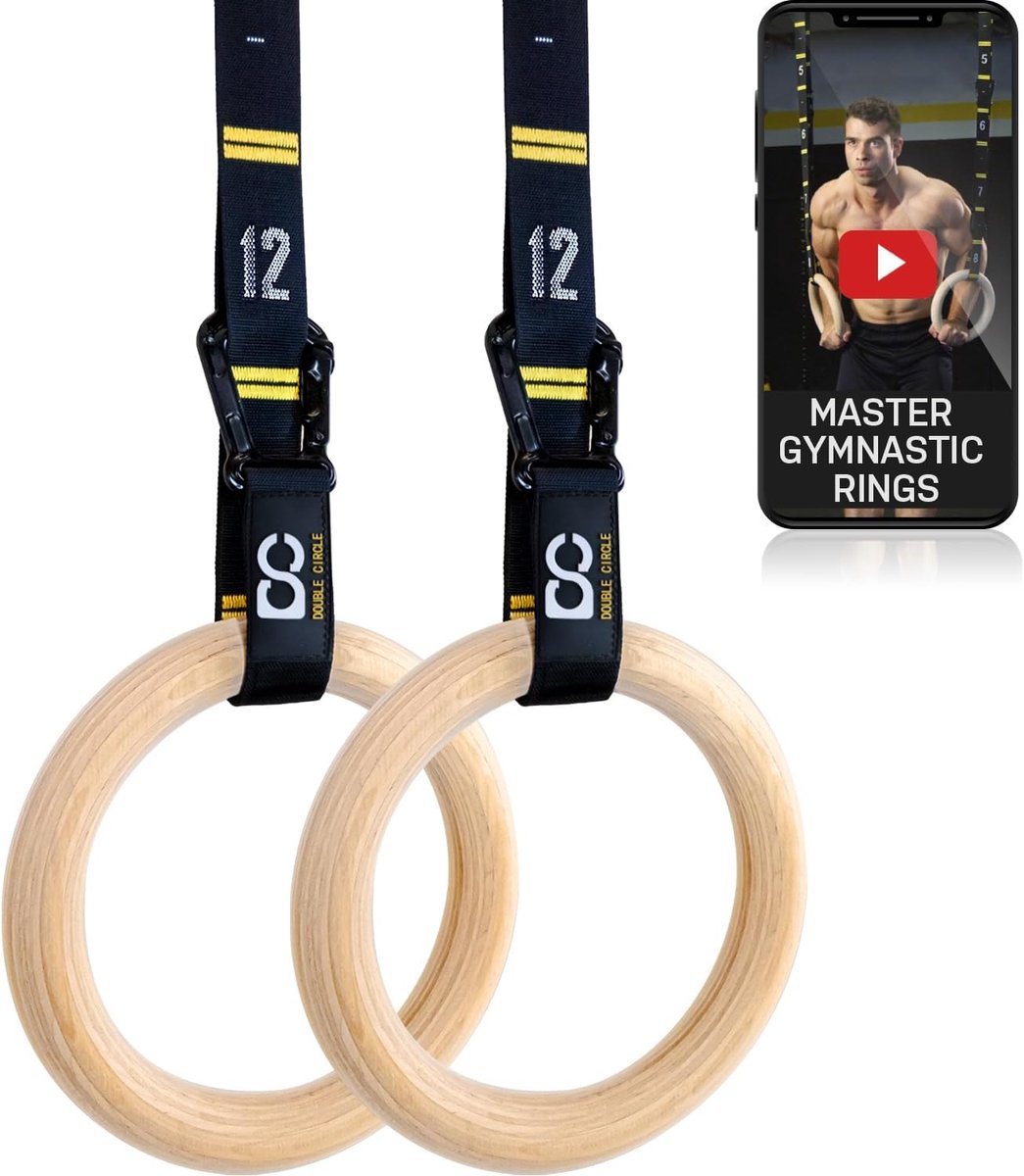 SnelShoppen - Dubbele Houten Gymnastiek Ringen met Snelle Verstelbare, Genummerde Harnassen & Trainingsvideo voor Full Body Training, Calisthenics, Th