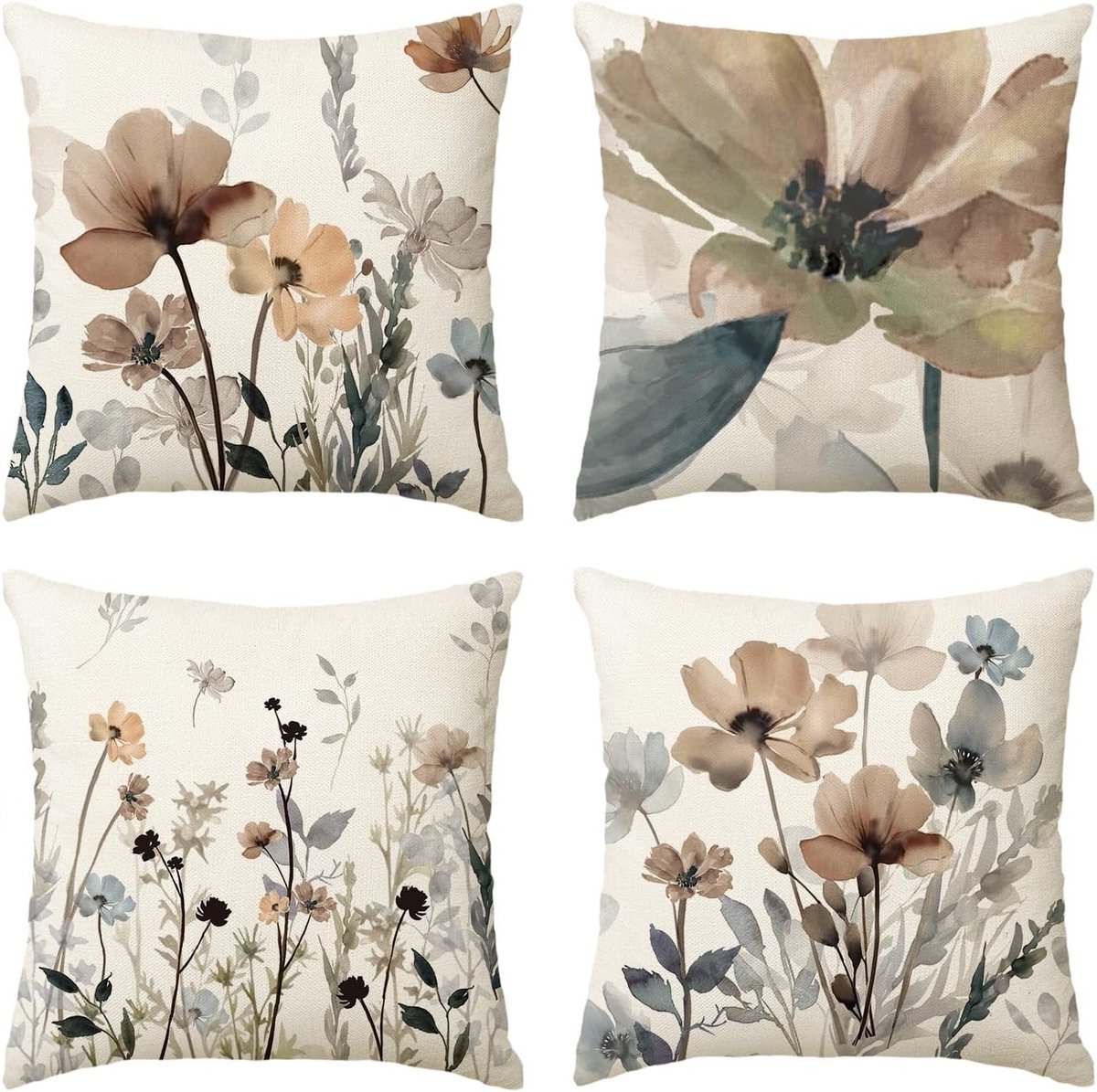 Set van 4 Kussenhoezen met Geometrisch Patroon en Wilde Bloemen - 40x40cm Decoratieve Hoes voor Bank en Woonkamer