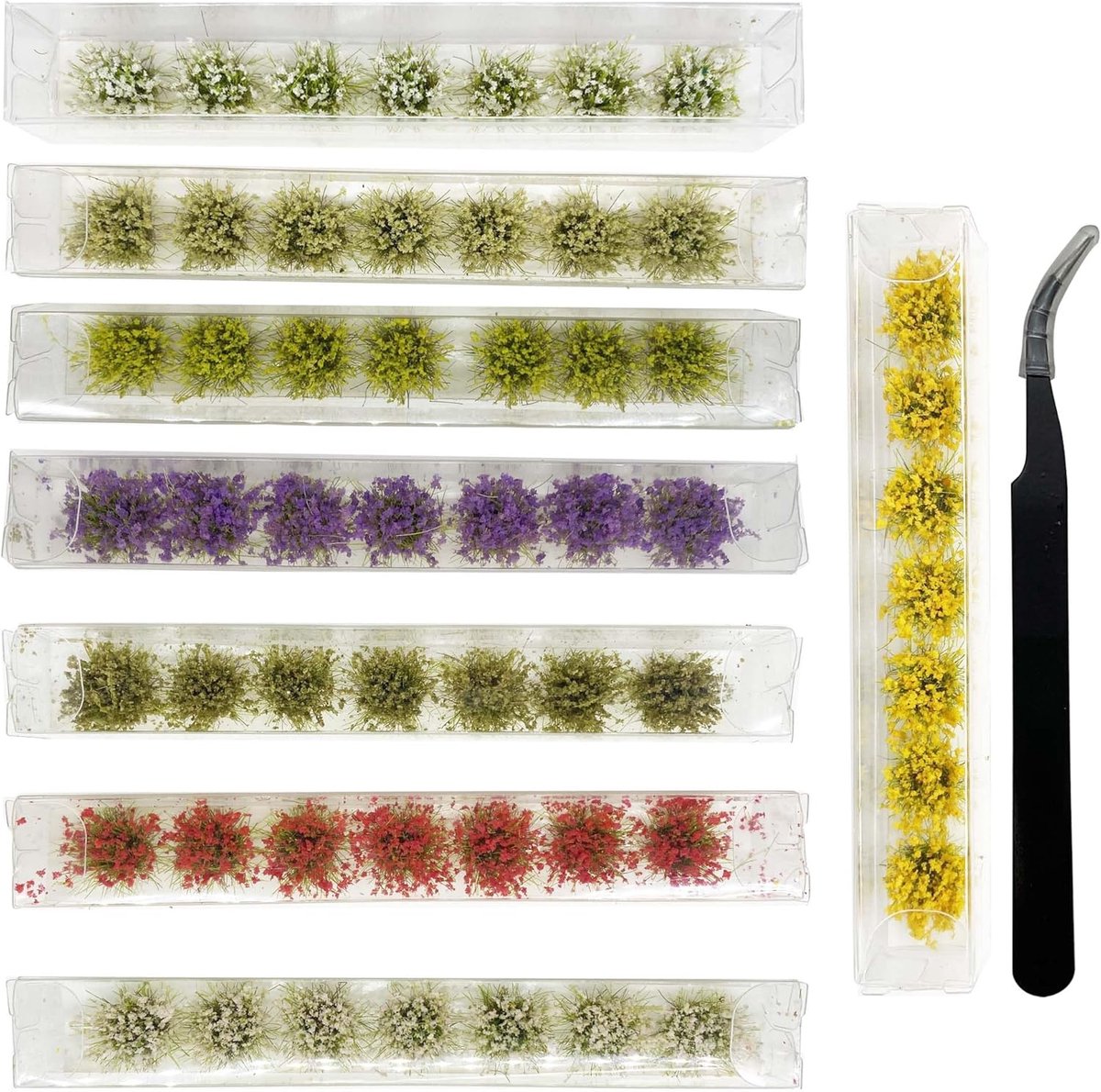 SnelShoppen - 63 Pcs Miniatuur Kleurvolle Bloemenclusters, 9 Kleuren Static Grass Tuft Model Gras Tufts voor Modelspoor Landschappen, DIY Tuin Decorat