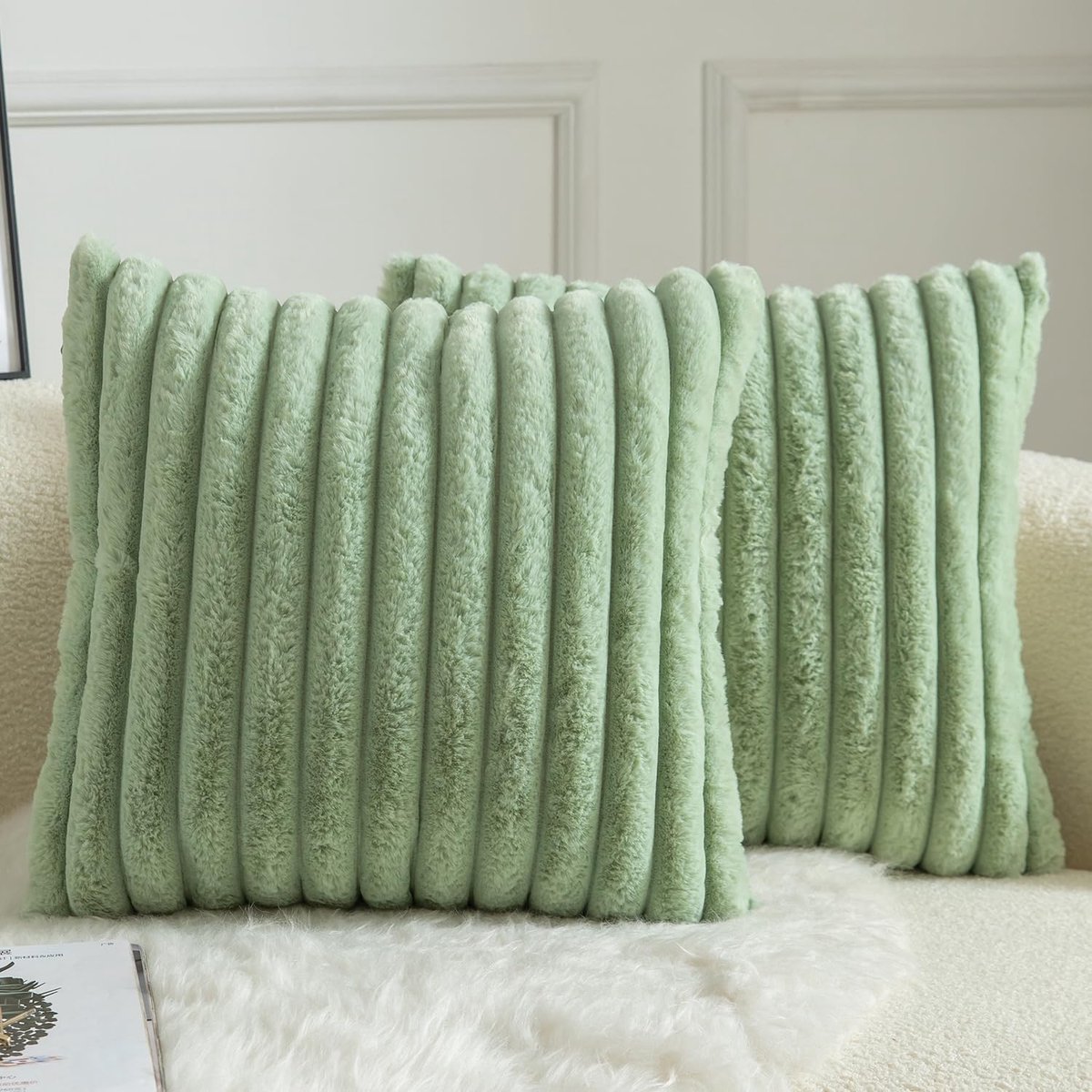 SnelShoppen - Set van 2 Decoratieve Kussenhoezen 30x50cm Faux Fur Gestreept Pluche Zacht voor Bed, Woonkamer, Bank - Sage Groen