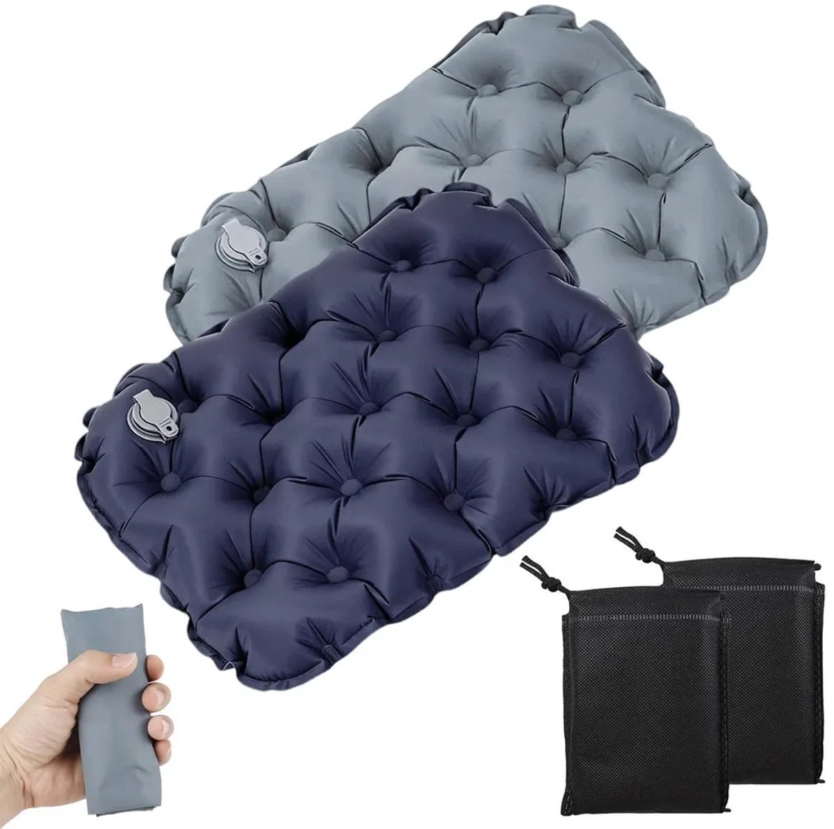 Set van 2 opblaasbare zitkussens, ultralicht en opvouwbaar, waterdicht, snel op te blazen, Geschikt voor kamperen, wandelen, strand en sportlocaties, comfortabel en draagbaar.