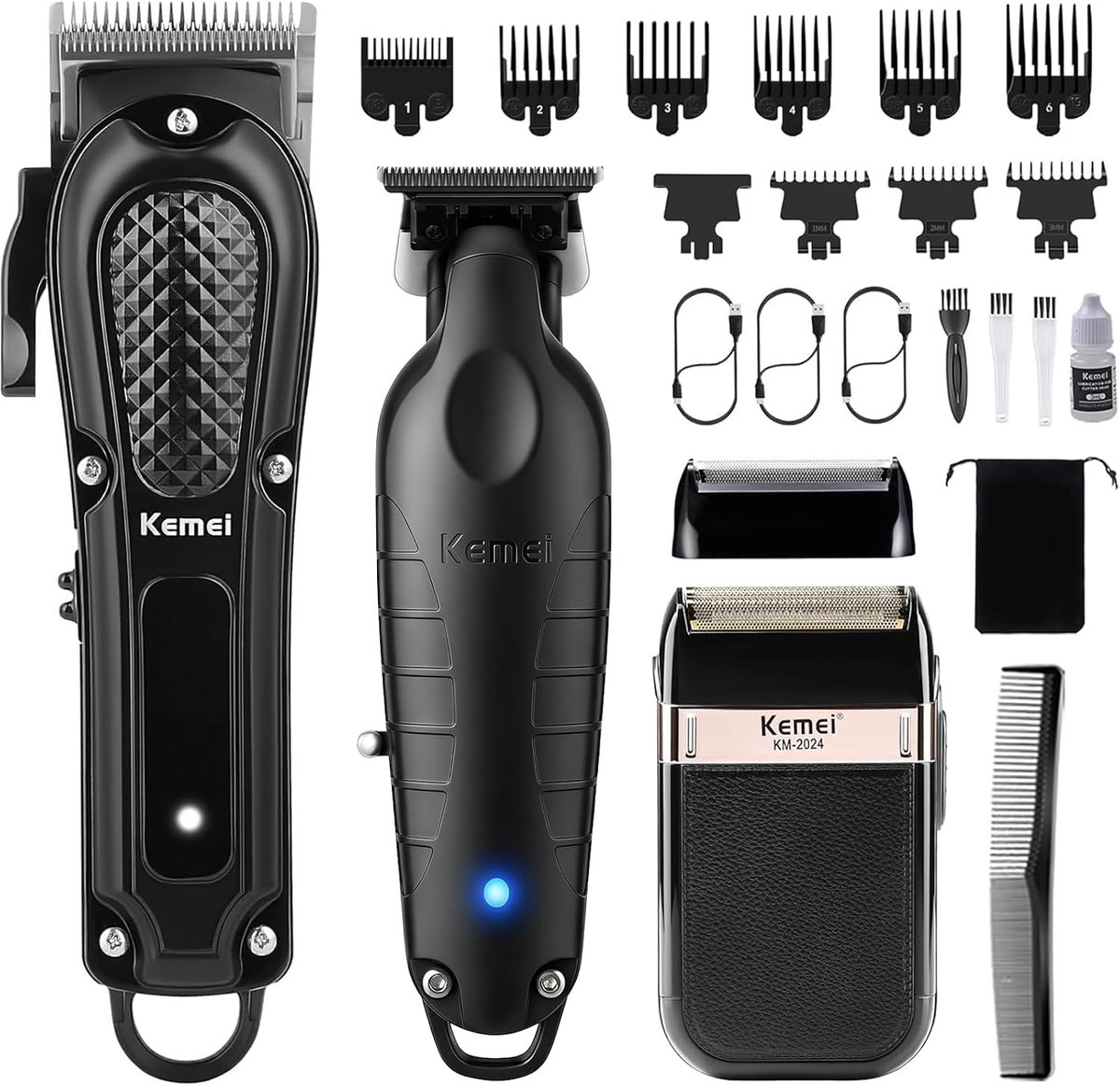 SnelShoppen - Professionele Haarclipper voor Mannen 3-in-1 Set, T-Knife Baardtrimmer & Elektrische Foil Scheerapparaat met Koolstofstalen Messen, 9 Ka