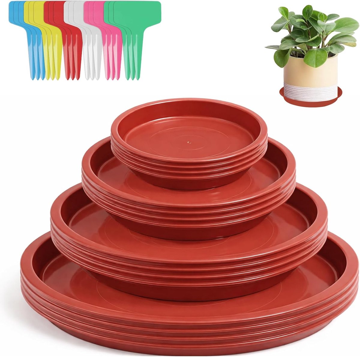 SnelShoppen - 16 ronde planten saucers, plastic bloempotten schotels 12 cm, 14 cm, 18 cm en 22 cm voor binnen en buiten gebruik met 24 labels