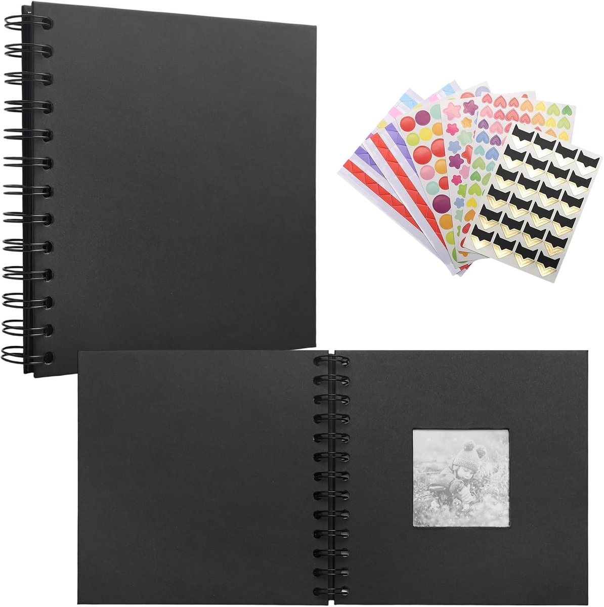 SnelShoppen - Set van 2 Foto Albums Scrapbook 17x17 cm Zwart met Stickers - Spiral Binding Foto Boek voor Baby's, Gezinnen, Jubilea - Inclusief Kleurs