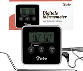 Zwarte digitale thermometer met metalen probe, naast de verpakking.