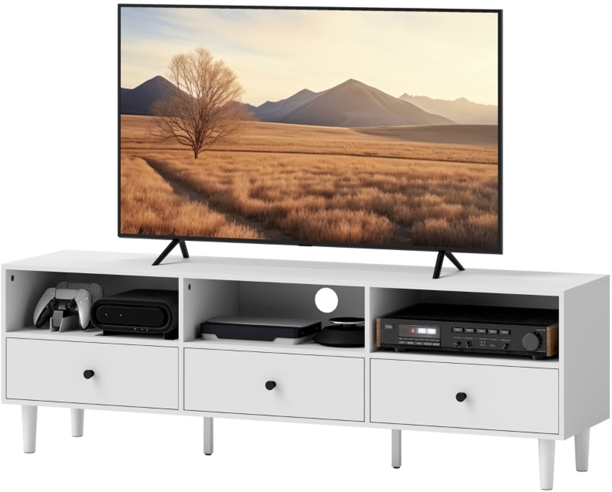 Pugsdrly TV-kast met lades, 3 open vakken, 140 cm lang TV-lowboard met kabelbeheer voor tv
