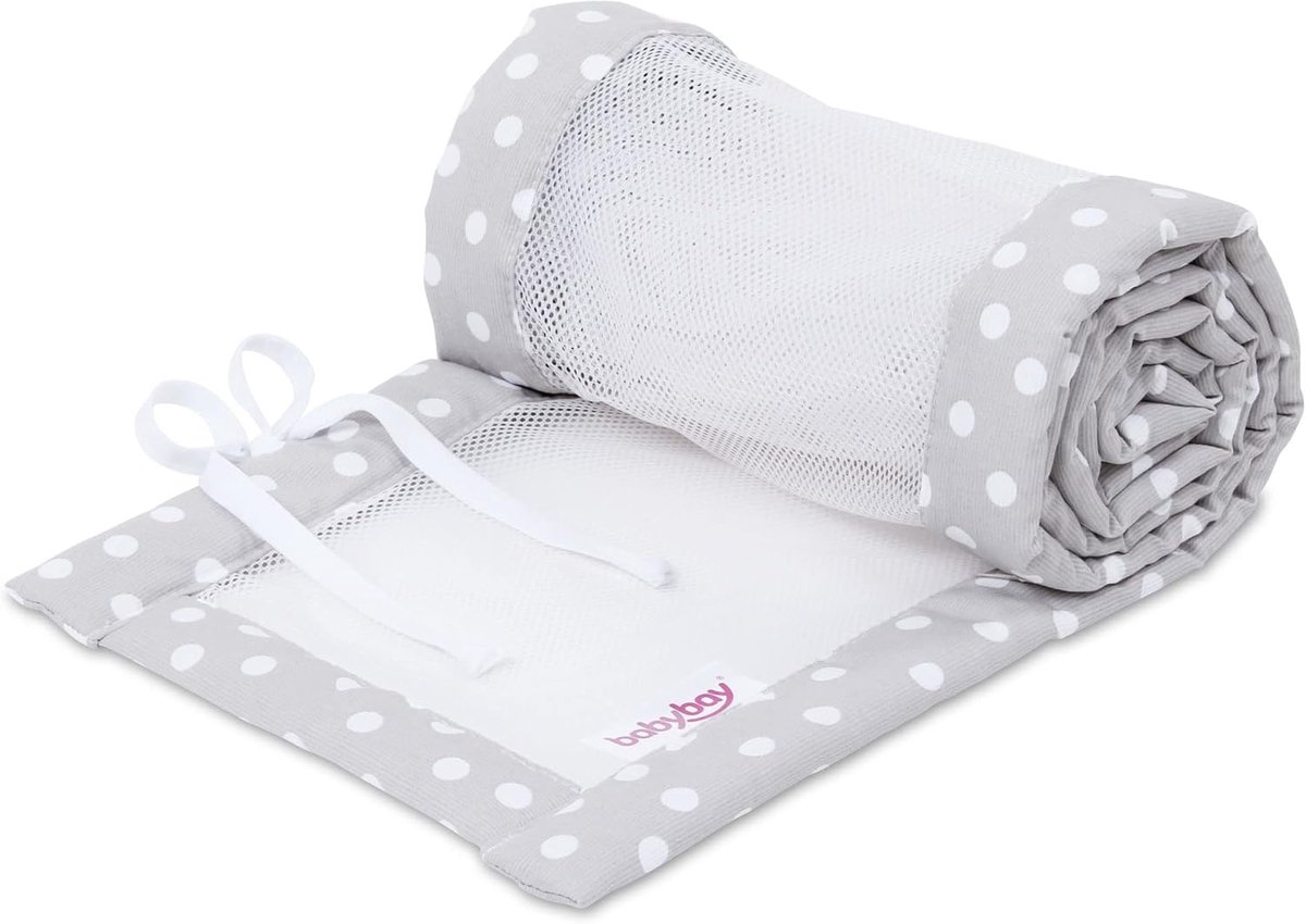 SnelShoppen - Babybay Nest Mesh Piqué - Boxspring Model XXL - Bumpers voor Bedje - Ademend Katoen - Pearl Grey Dots Wit - Veilig en Comfortabel voor K