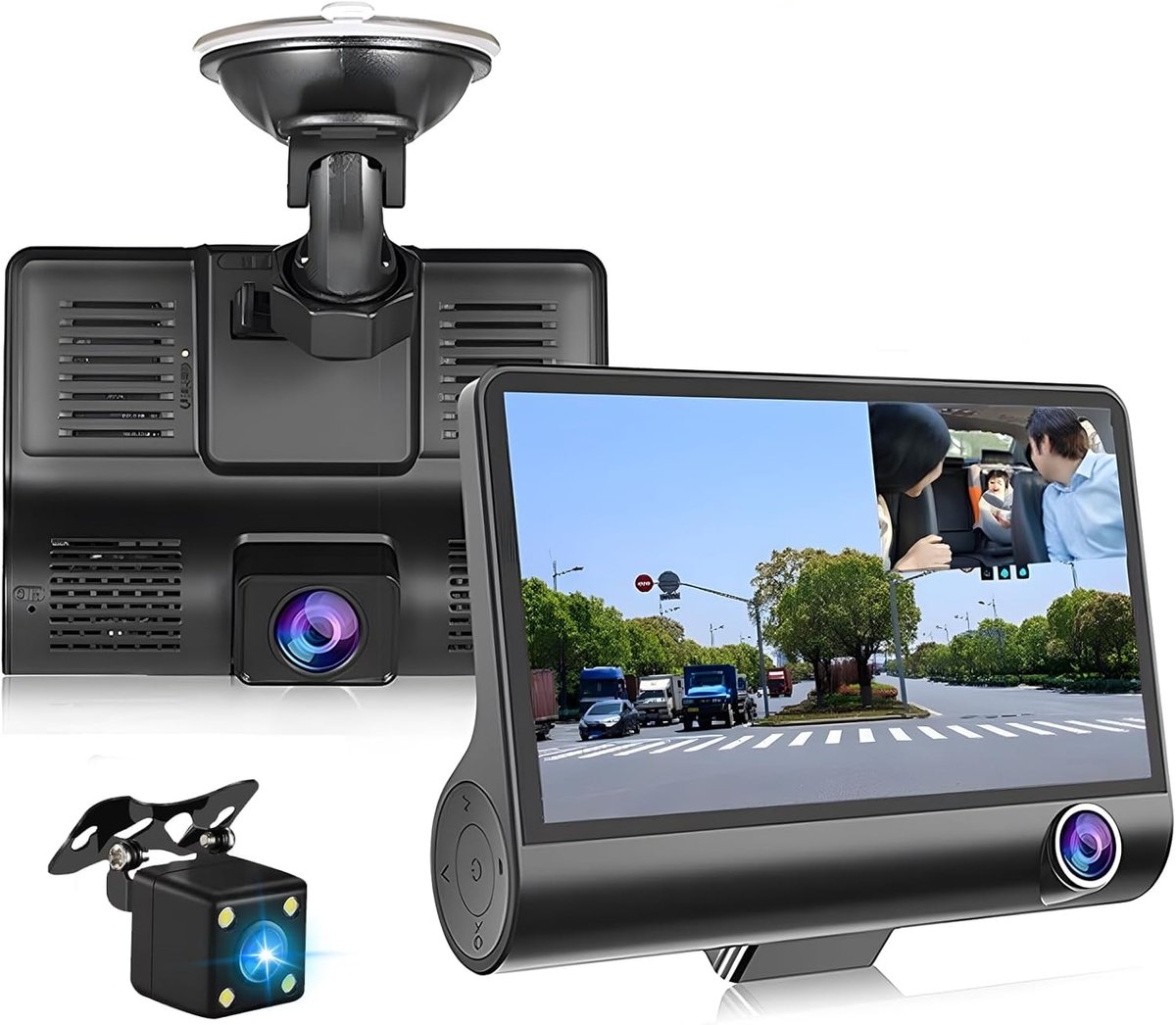 SnelShoppen - USB Dash Camera 3 Camera's 4 Inch Dual Lens 1080P Auto Dashcam met Achtercamera G-Sensor + 32GB TF Kaart