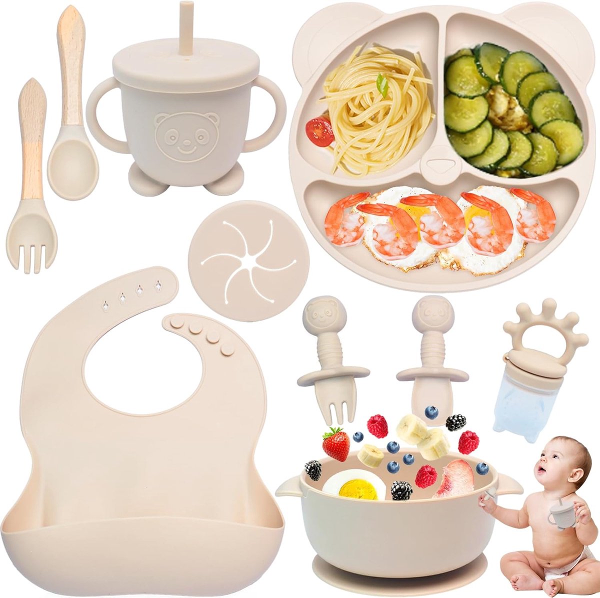 SnelShoppen - 10-delige Silicone Baby Servies Set met Zuignap, Kindertafelware, Beige, Inclusief Bord, Kom, Bib, Lepels, Vorken, Drinkbeker en Fruitso