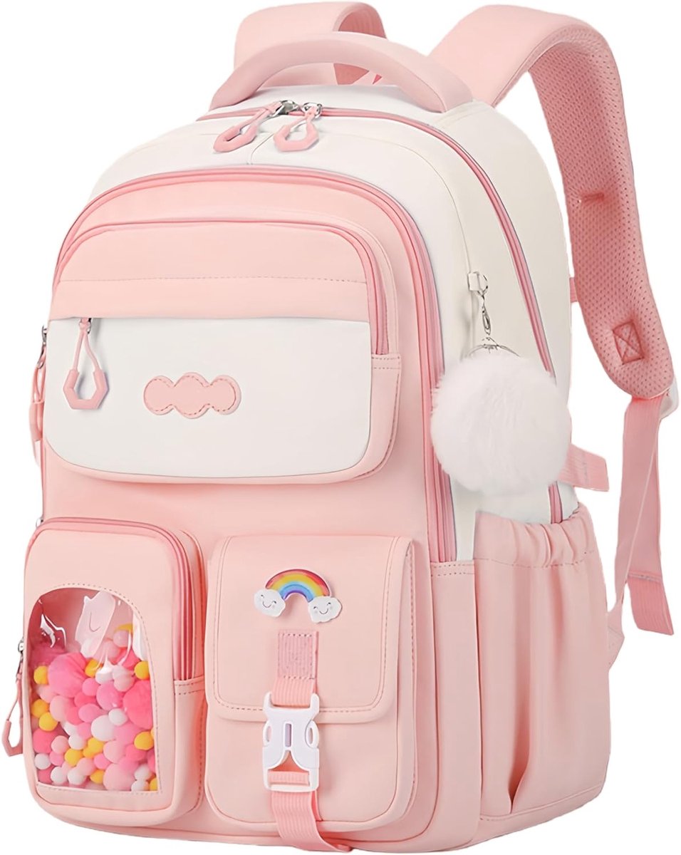 Schooltas Tiener Meisjes Roze | Grote Capaciteit Waterdichte Rugzak met Trolleyband | Luxe Pluche Hangertje | Boekentas meisjes | Stevige Boekentas voor Middelbare School & Reizen | Comfortabel & Duurzaam
