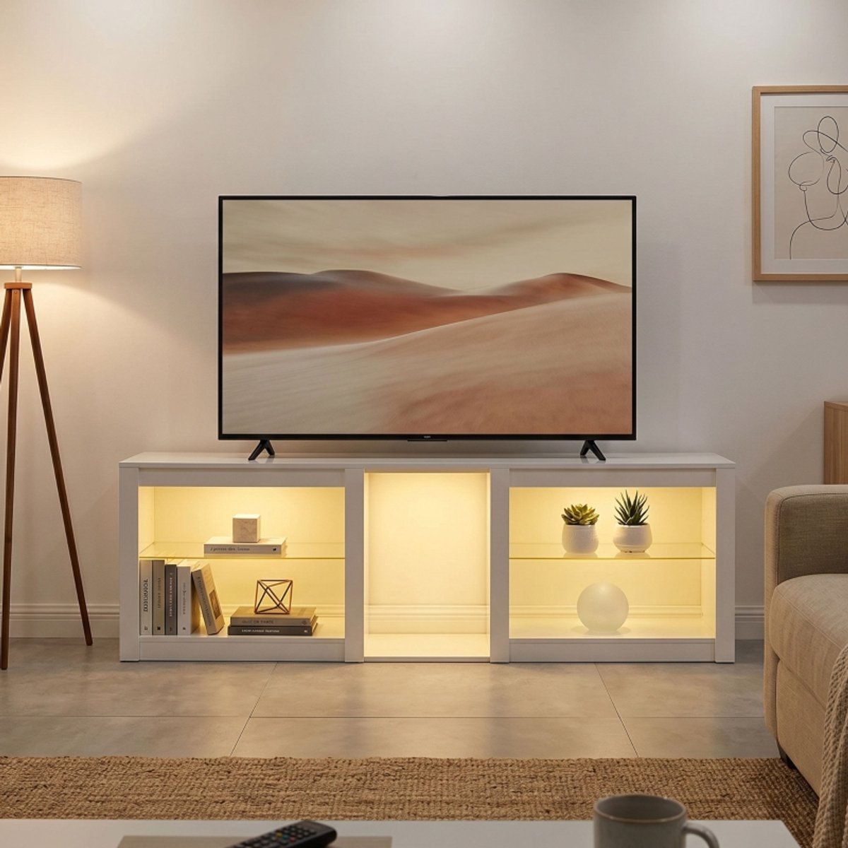 Pugsdrly TV-lowboard met RGB-ledverlichting, modern tv-meubel met verstelbare glazen planken, geschikt voor tv's tot 75 inch, wit
