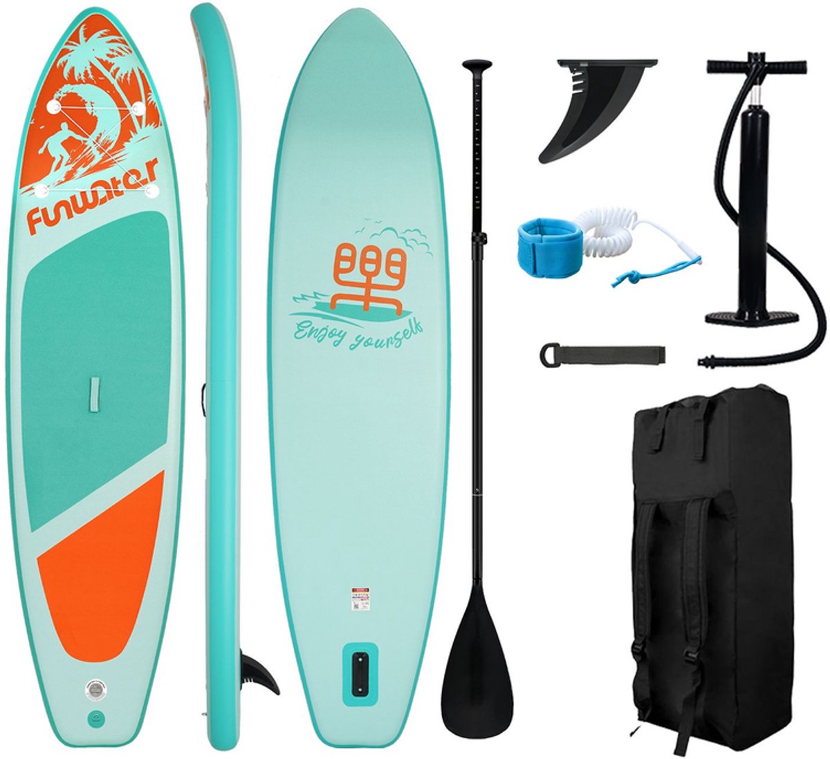 FunWater Stand Up Paddle Board 350x87x15 cm - Opblaasbaar paddleboard voor volwassenen en beginners - Compleet SUP pakket - Max.120 KG - Mintgroen