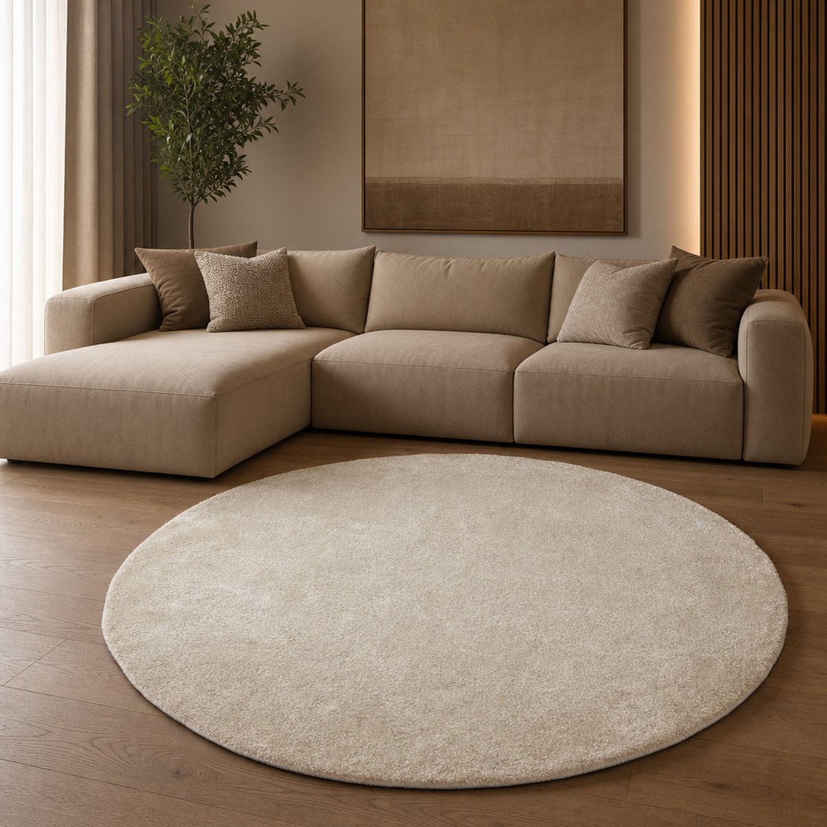 Comfy Soft - Rond Effen Vloerkleed Wasbaar Uni Beige- 160 CM Ø