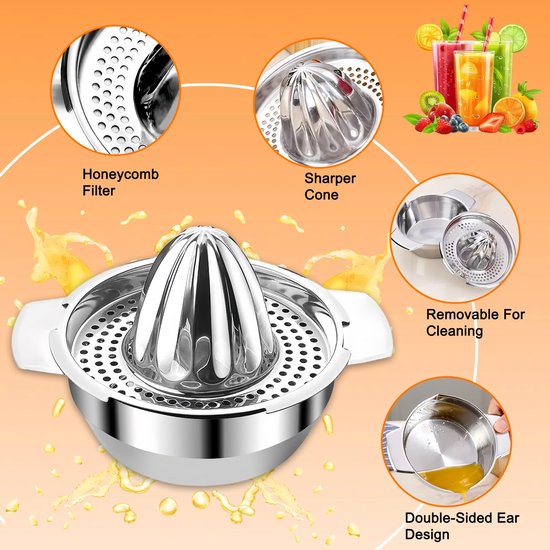 Zilverkleurige sapcentrifuge - Handmatige sapcentrifuge van roestvrij staal - Geschikt voor het persen van citroenen, sinaasappels en andere citrusvruchten - 16,7 x 11,8 cm — afbeelding 4