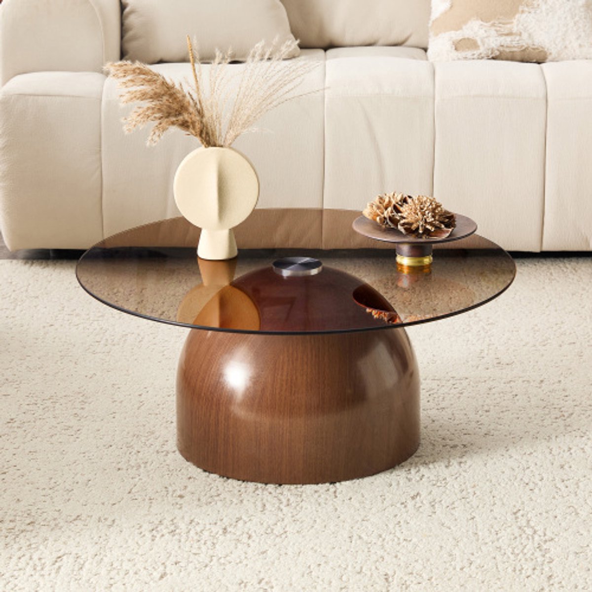 Ronde glazen salontafel met koolstofstalen voet, Ø 70 cm, moderne salontafel voor woonkamer & café