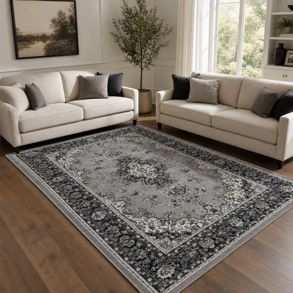 Muratap Nain Klassiek Vintage Oosters Vloerkleed Medaillon Grijs Zilver- 140x200 CM