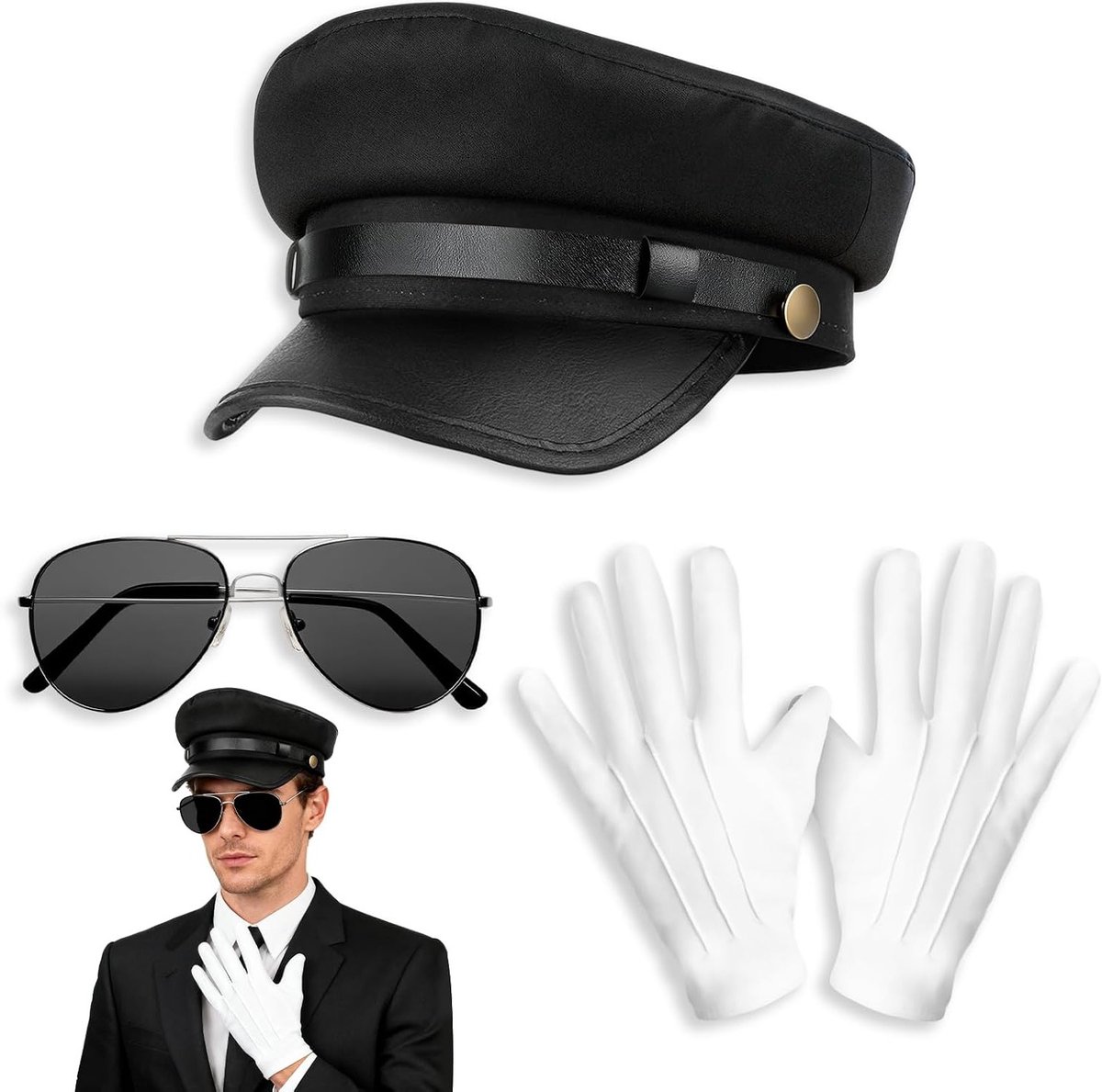 Accessoires voor autistisch kostuum: zwarte bestuurdershoed, zonnebril en witte handschoenen voor carnaval, cosplay en themafeest