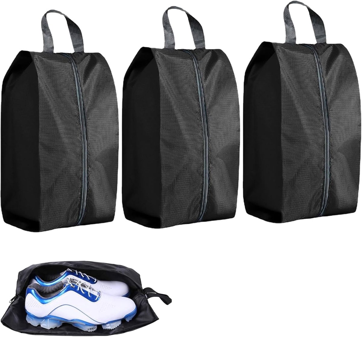SnelShoppen - 3 Stuks Waterdichte Reistas voor Schoenen, Oxford Dustproof Schoenentas met Rits voor Sneakers, Hakken, Crocs, Zwart, Perfect voor Vakan