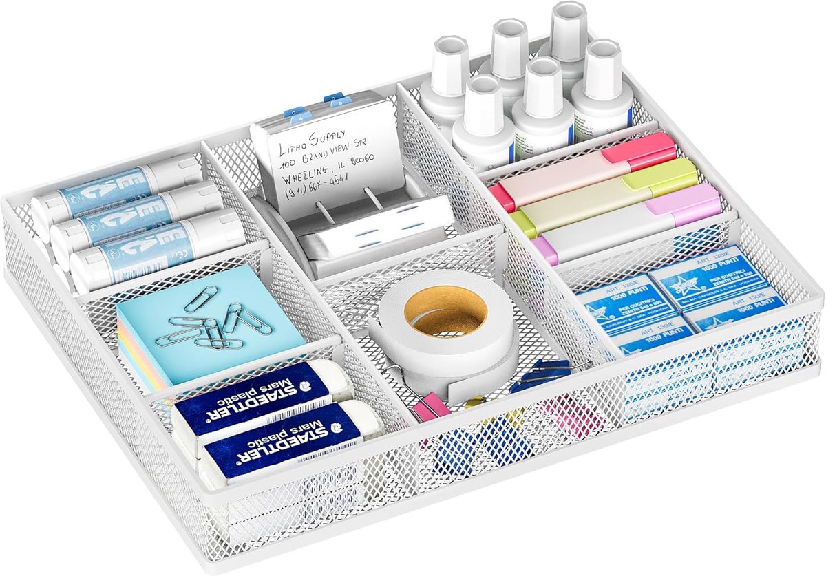 SnelShoppen - VITVITI Lade-organizer met metalen rooster, 8 verstelbare vakken, mesh lade-inzetstuk voor bureau, kantoor en thuis, pennenhouder en geb