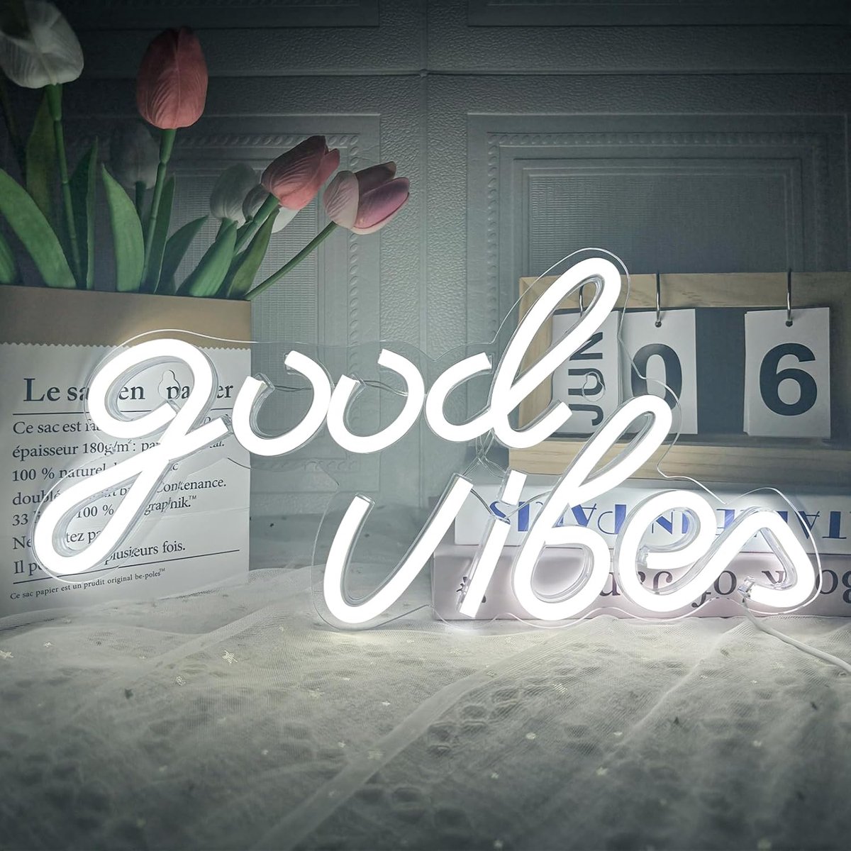 SnelShoppen - Good Vibes Neon Sign LED Neon Light voor Wanddecoratie - 40x24CM - Wit Neon Licht voor Slaapkamer, Feest, Verjaardag, Bruiloft, Valentij