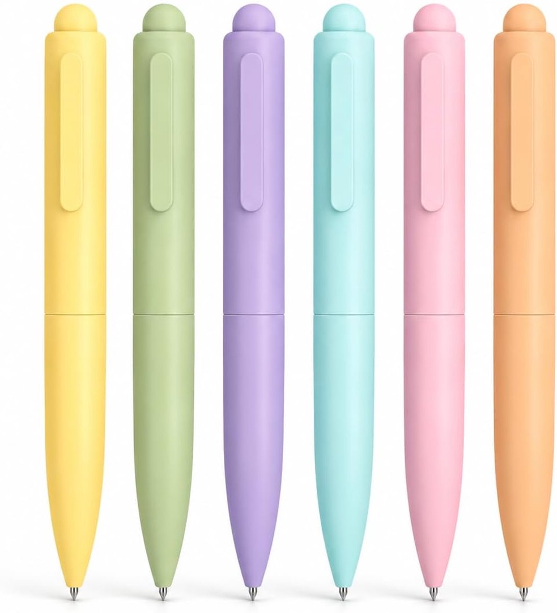 SnelShoppen - 6 Stuks Mini Balpennen Set in Macaron Kleuren, Intrekbare Pennen met Zwarte Inkt, 1,0 mm Medium Punt, Sneldrogend voor Kantoor, School,