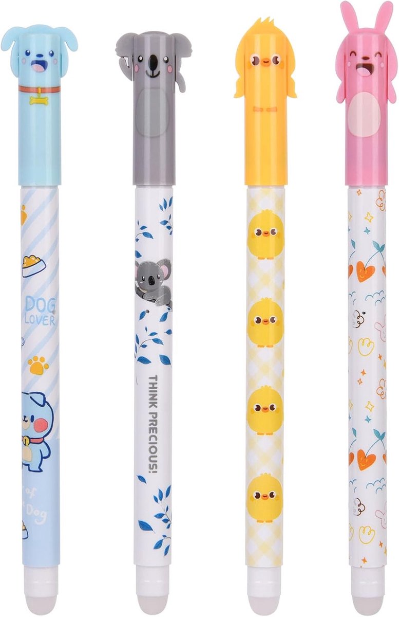 SnelShoppen - 4 Erasable Gelpennen voor Kinderen en Studenten - Blauw, 0.5mm, Cartoon Design met Gum, School en Kantoor Benodigdheden, Perfecte Cadeau