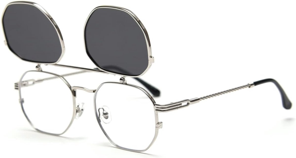 Thijox - Flip Up Zonnebril voor Mannen - Gepolariseerde Zonnebril - Modieuze Metaal Montuur - Zilver met Zwart - Large - Ideaal voor Zon, Strand en Bu