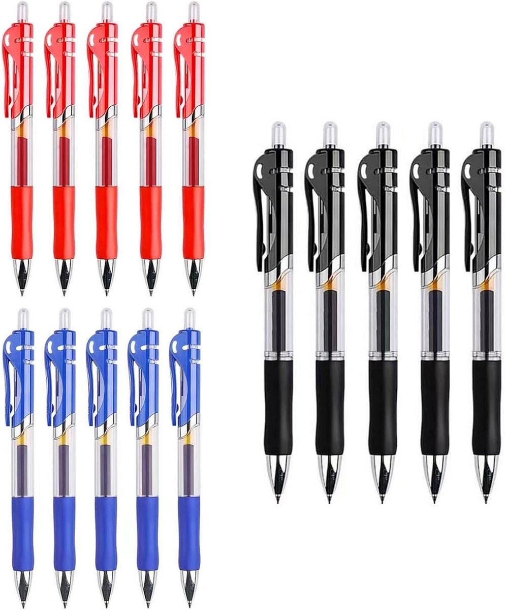 SnelShoppen - 15 x Retractable Balpen Set - 0.5mm Gel Inkt Rollerball Pennen - Zwart, Blauw, Rood - Comfortabele Grip - Ideaal voor Kantoor, School en
