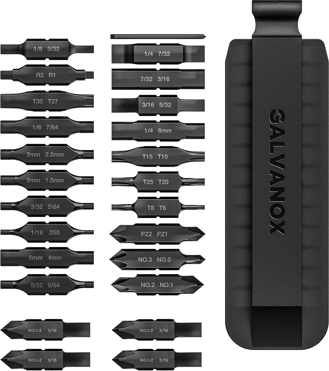 SnelShoppen - Galvanox Dubbelzijdige Bitset voor Leatherman Multitools - 21-delige Set met Houder + 4 Extra Bits - S2 RVS, Slotted, Torx, Pozi, Hex, P