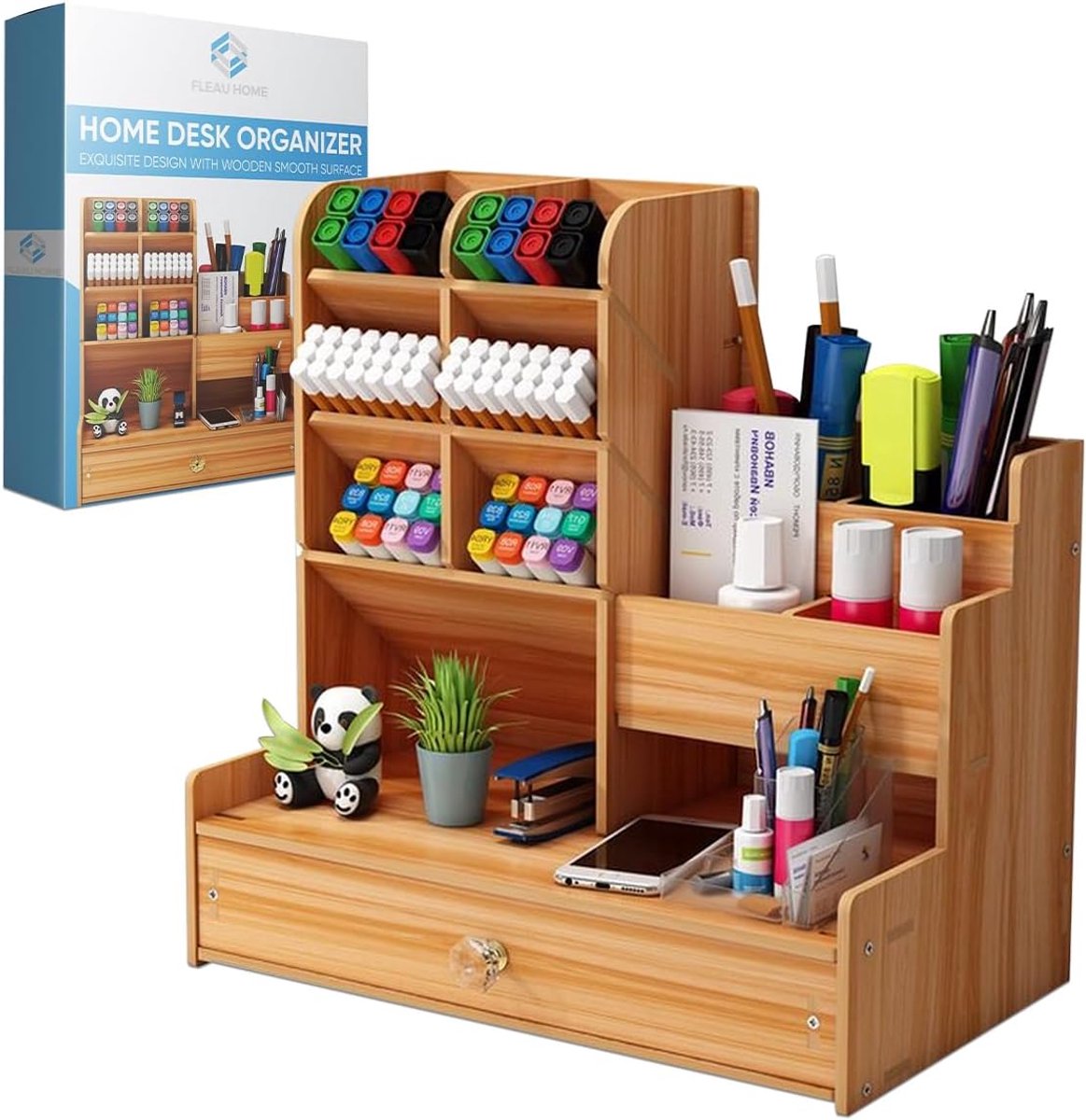 Thijox - Fleau Bureau Organizer met Lade - Houten Pennenhouder en Pennenbakje - Perfect voor Potloden en Pennen Opbergen - Stijlvol en Praktisch voor
